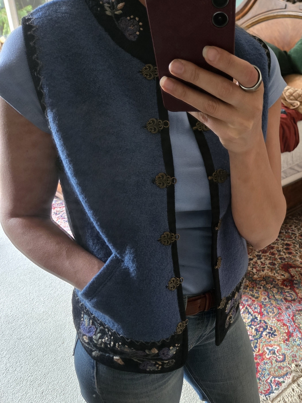 Blue Embroidered Women’s Vest with Decorative Frog Closures - Picture 11 of 13